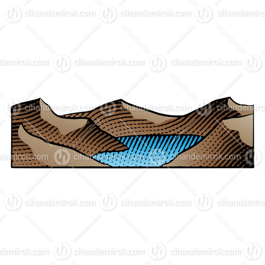 Scratchboard Engraving of Mountain Lake with Colorful Fill