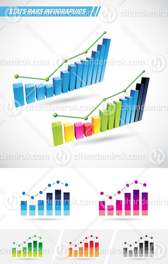 Set of Stat Graphs with 2d and 3d Colorful Rising Stat Bars
