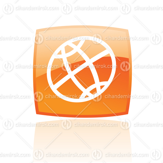 Simplistic Globe Symbol on a Glossy Orange Square with Reflectio