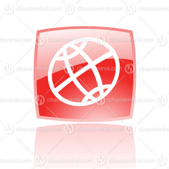 Simplistic Globe Symbol on a Glossy Red Square with Reflection