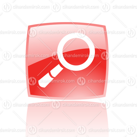 Simplistic Magnifier Symbol on a Red Glossy Square with Reflecti
