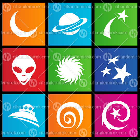 Space Icons on Colorful Square Shapes