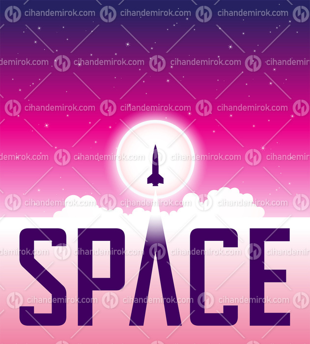 Space Poster of a Launching Rocket Over a Pink Night Sky