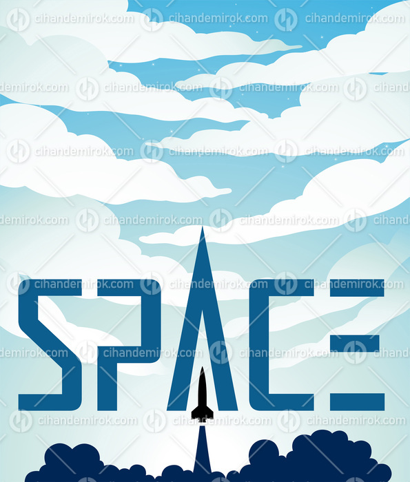 Space Poster of a Rocket Launch Over a Bright Blue Starry Sky wi