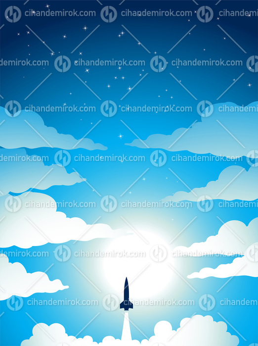 Space Poster of Rocket Launch Over a Cloudy and Starry Blue Sky