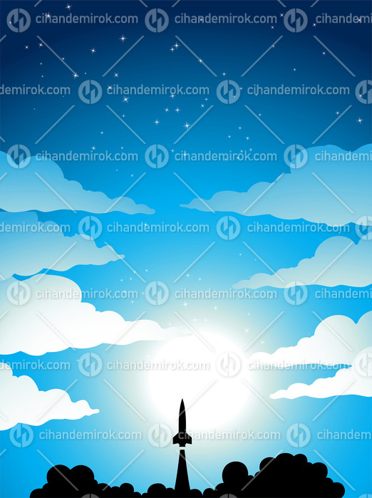 Space Poster of Rocket Launch Silhouette Over a Blue Starry Sky