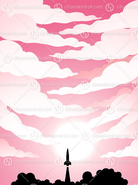 Space Poster of Rocket Launch Silhouette Over a Pink Cloudy Sky