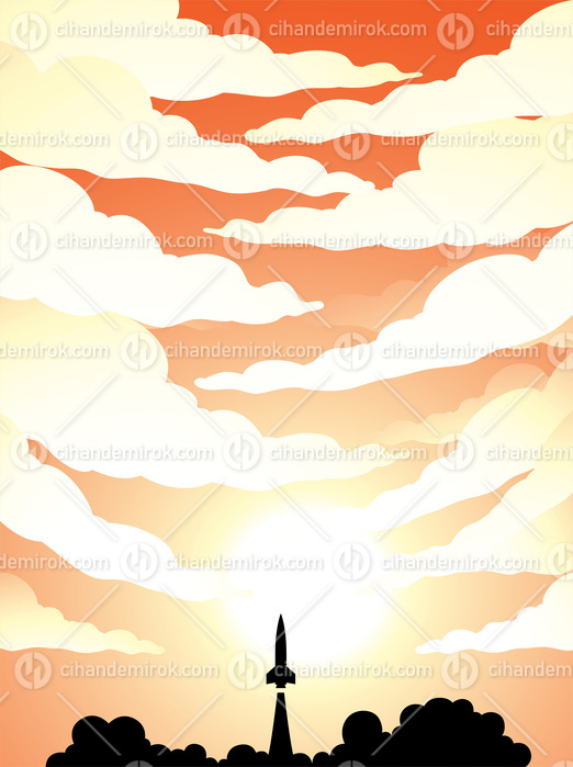 Space Poster of Rocket Launch Silhouette Over an Orange Cloudy S