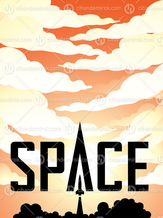Space Poster of Rocket Launch Silhouette Over Orange Cloudy Sky 