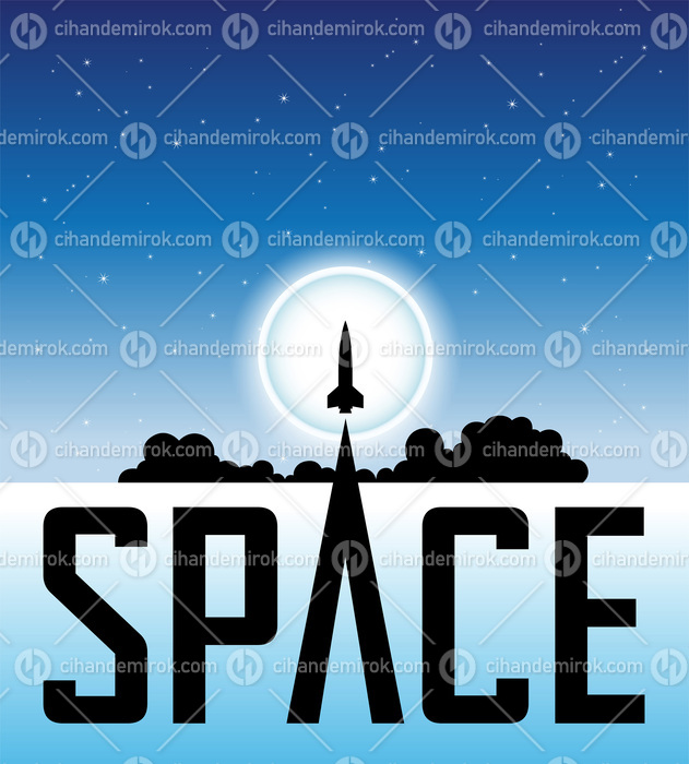 Space Poster of Rocket Launching Over Blue Night Sky and the Moo