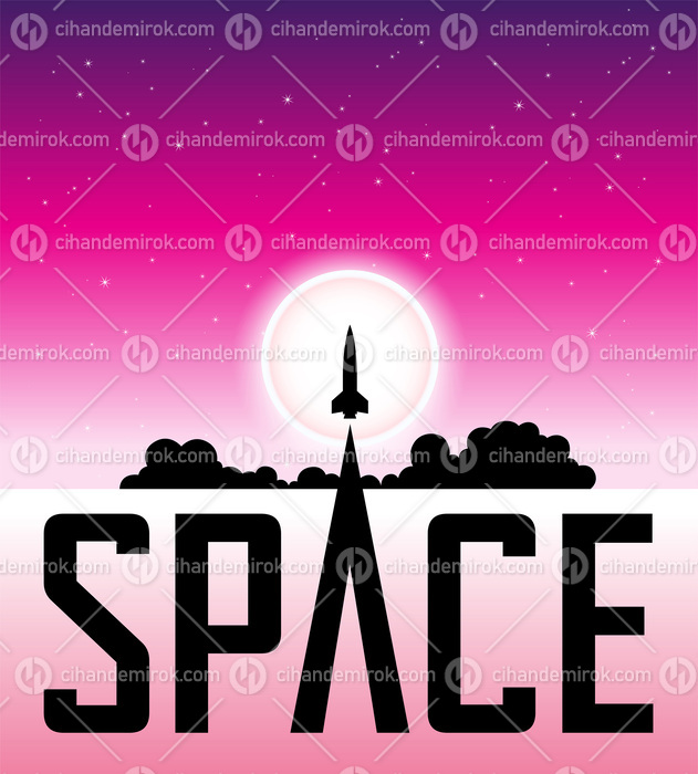 Space Poster of Rocket Launching Over Pink Night Sky and the Moo