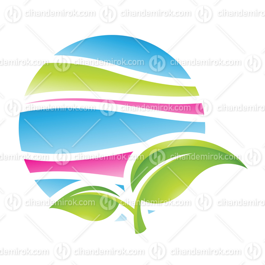 Spring Season Icon with Green Leaves and Colorful Sky