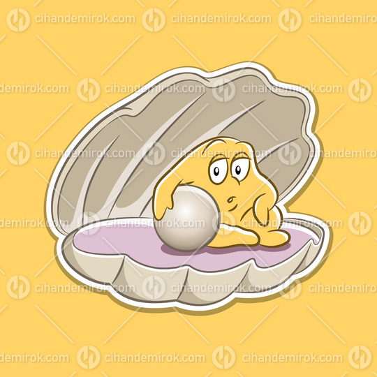 Sticker of Shell and Pearl Cartoon on a Yellow Background
