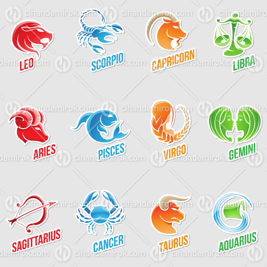 Stickers of Colorful Zodiac Star Signs on Grey Background