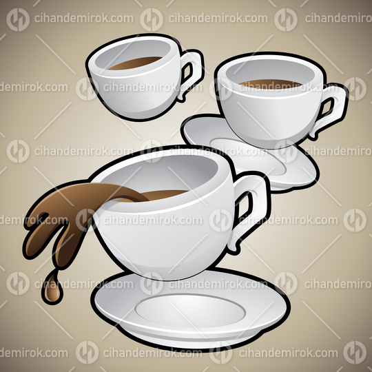 Three Coffee Cups with Saucers on a Brown Background