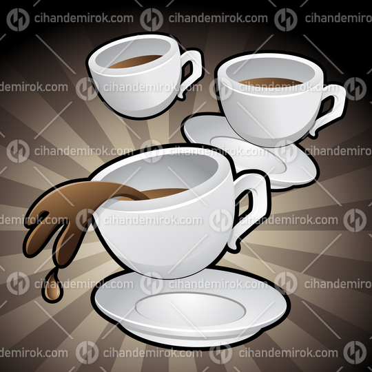 Three Coffee Cups with Saucers on a Dark Brown Background