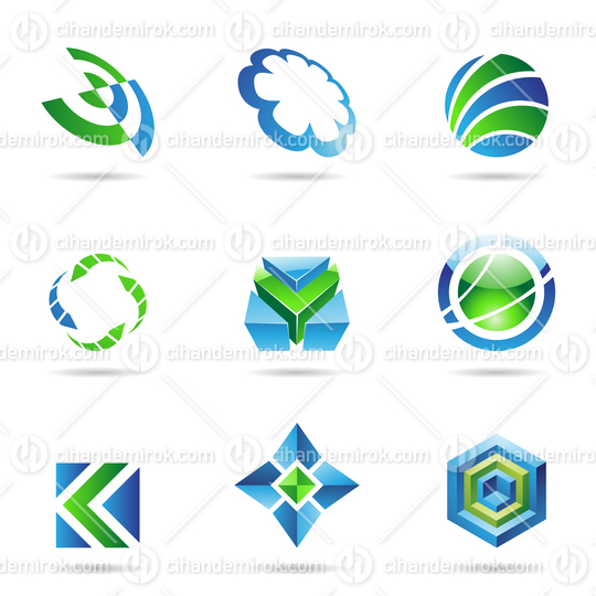 Various Abstract Geometrical Blue and Green Icon Set 