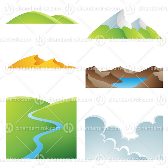 Various Earth Landscapes and Outdoor Icons isolated on a White Background
