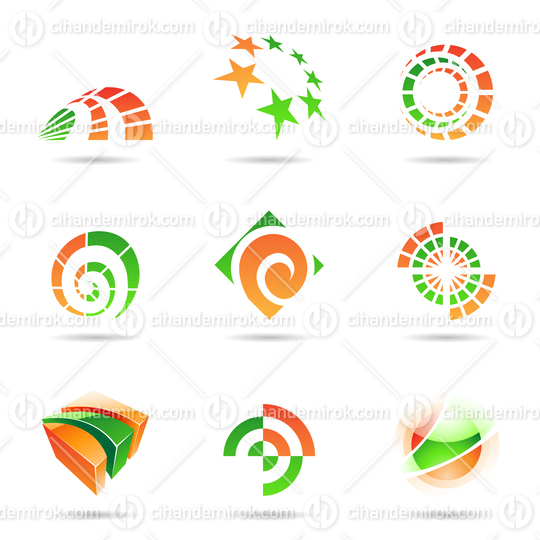 Various Geometrical Green and Orange Abstract Icon Set