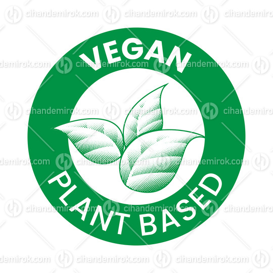 Vegan Plant Based Engraved Round Icon with Green Shaded Leaves