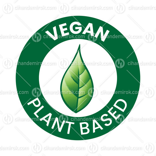 Vegan Plant Based Round Icon with an Engraved Green Leaf