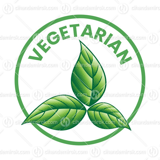 Vegetarian Round Icon with 3 Shaded Engraved Green Leaves - Icon