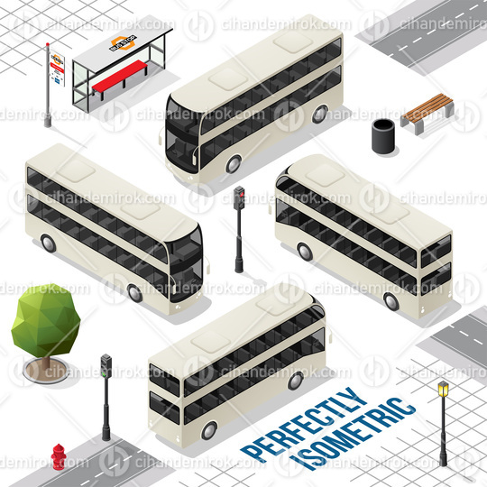 White and Black Double Decker Isometric Bus from the Front Back Right and Left