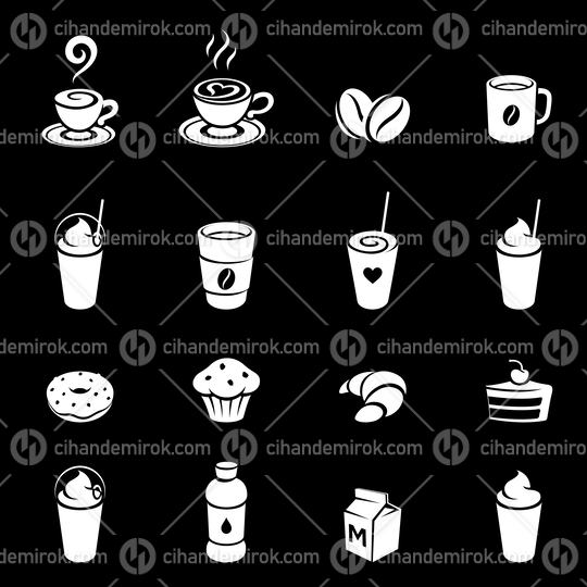 White Coffee and Breakfast Icons on a Black Background