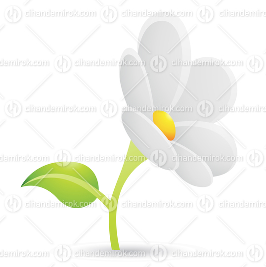 White Daisy Flower with Green Leaf Cartoon Icon