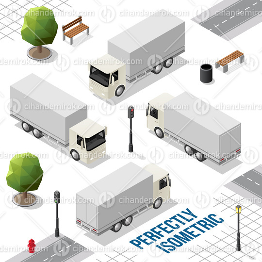 White Isometric Big Truck from the Front Back Right and Left Vie