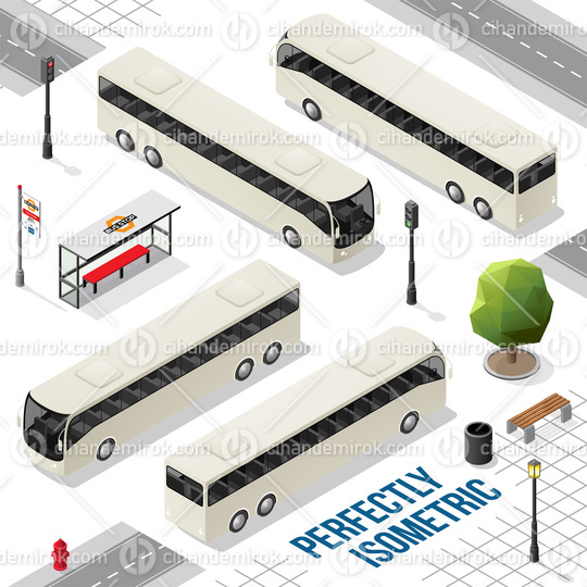White Long Isometric Bus from the Front Back Right and Left