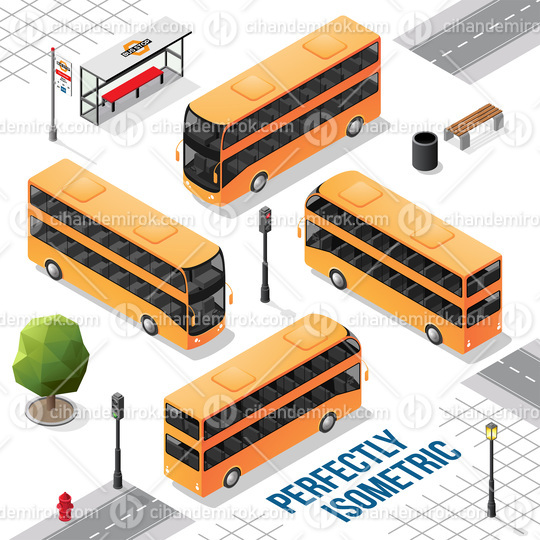 Yellow and Black Double Decker Isometric Bus from the Front Back Right and Left