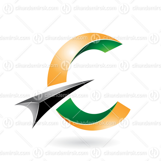 Yellow and Green Shiny Twisted Letter C Icon with a Black Glossy Arrow