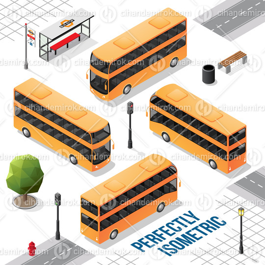 Yellow Double Decker Isometric Bus from the Front Back Right and Left