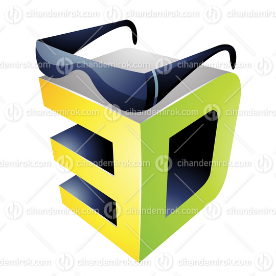 Yellow Green and Grey Cubical 3d Viewing Tech Symbol with Black 3d Glasses