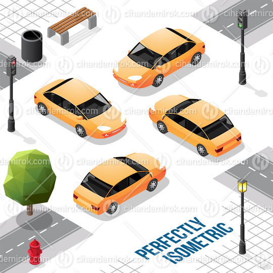 Yellow Isometric Car from Front Back Right and Left