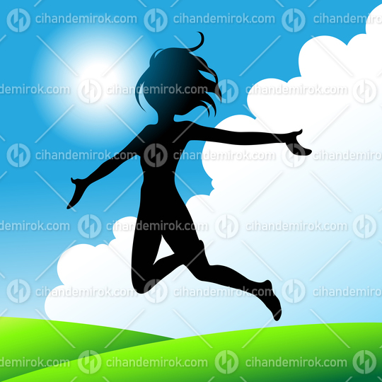 Young Girl Jumping over Green Hills