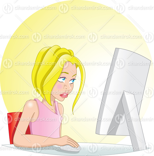 Young Girl on Her Desktop PC