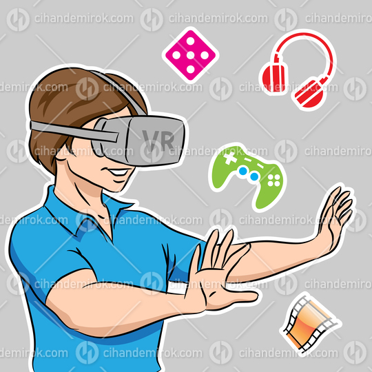 Young Man Wearing a VR Headset Over a Grey Background