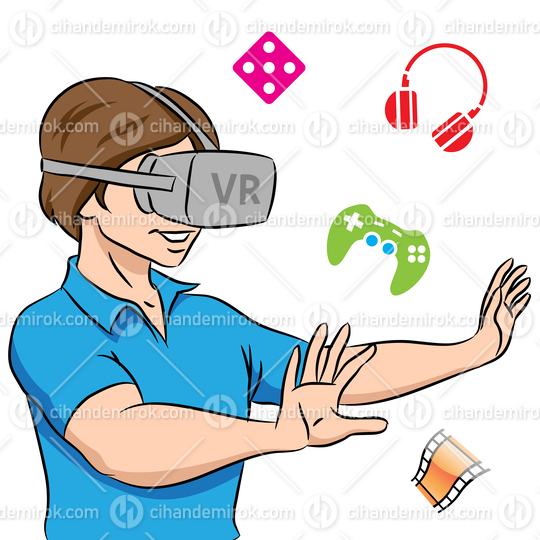 Young Man Wearing a VR Headset Over a White Background