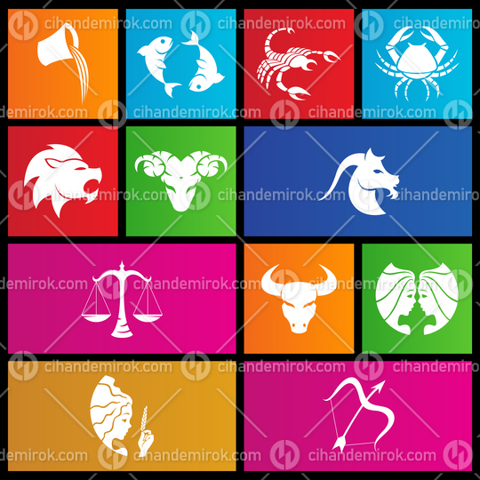 Zodiac Star Sign Icons on Colorful Square Shapes